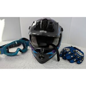 TMS Kids Dirt Bike Helmet Goggles Glove Set Black Purple Graffiti DOT Size Small